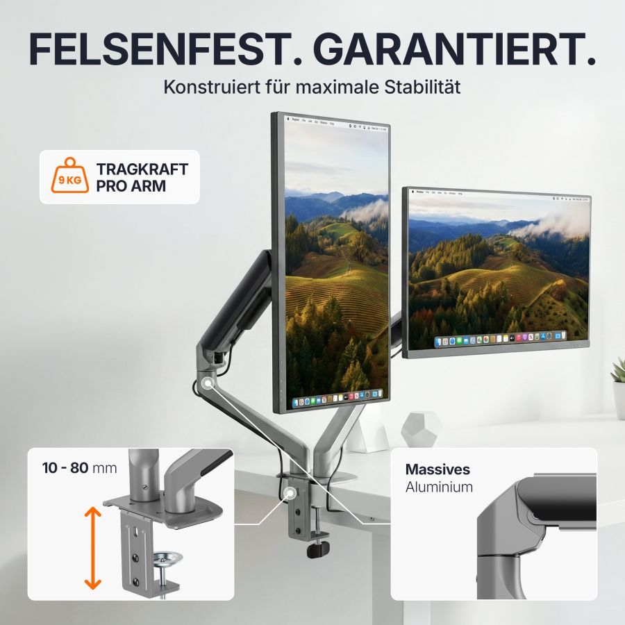 3IDEE Flexi-Lite Dual Monitorarm - 2 Monitore - [17-32" / bis 9kg pro Arm] - stufenlos Höhenverstellbar